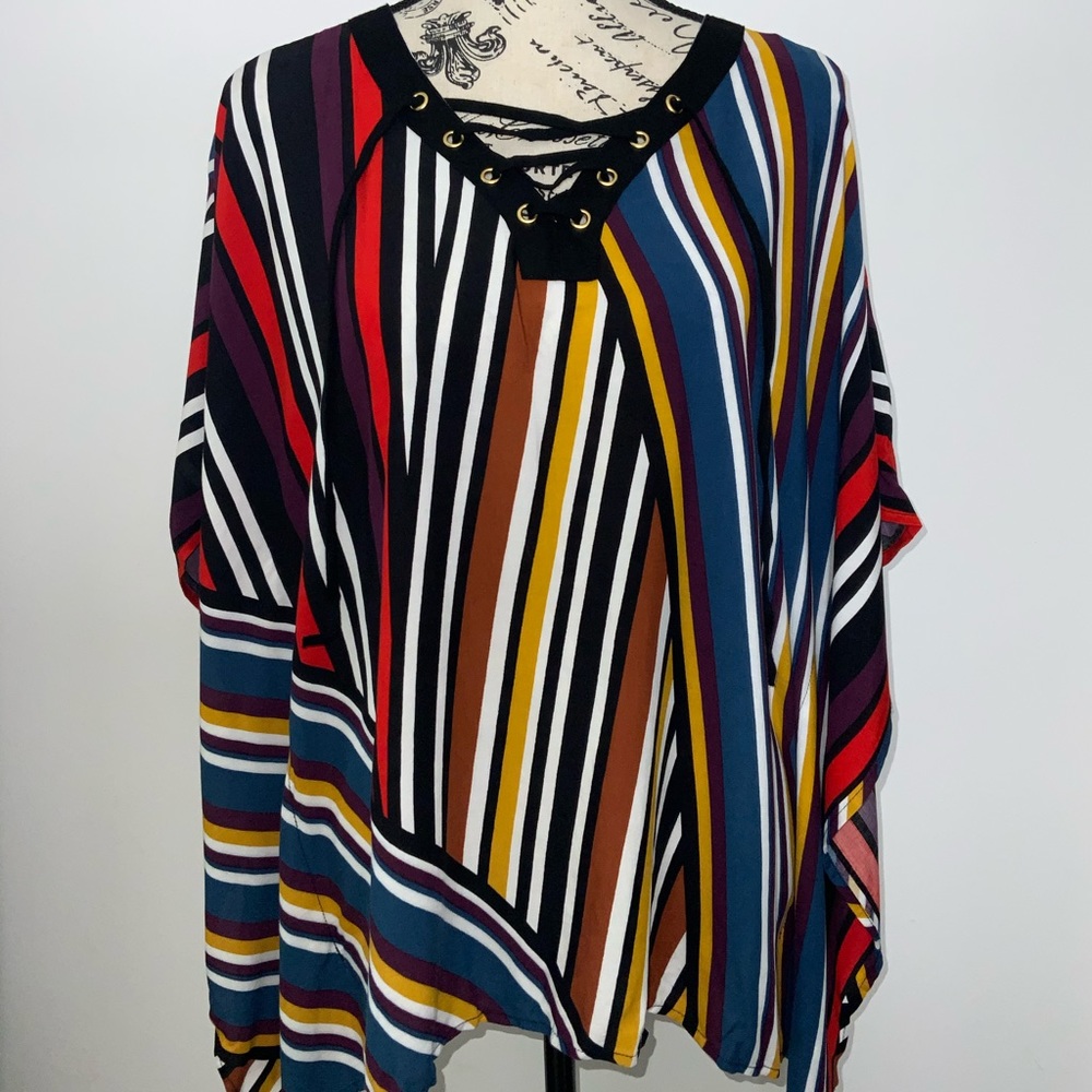 Color Block Tie Neck Poncho Fit Asymmetrical Top